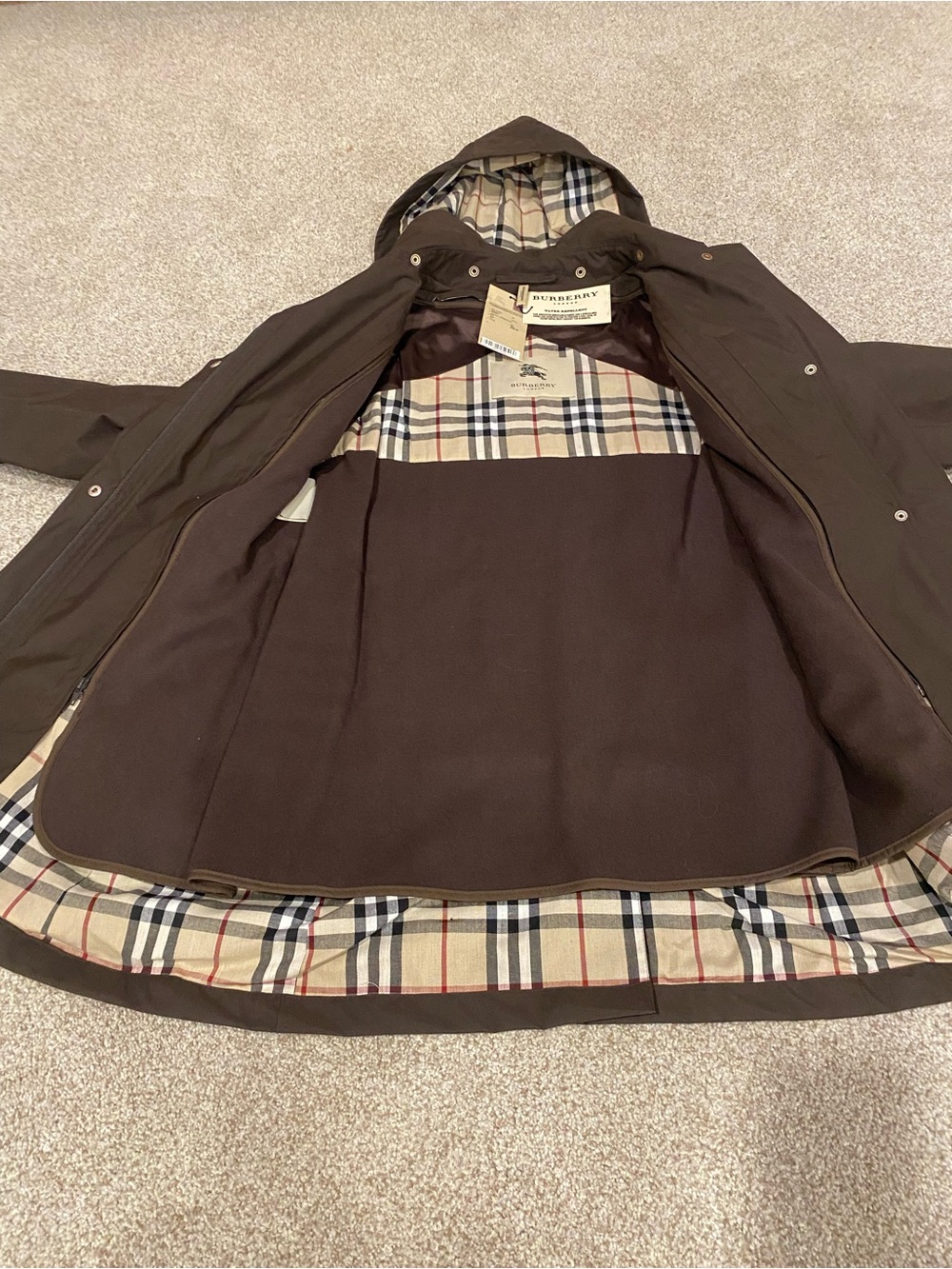 Burberry London Kayla water repellent Dark Brown Hooded Trench Coat Plaid Lining - Picture 7 of 10